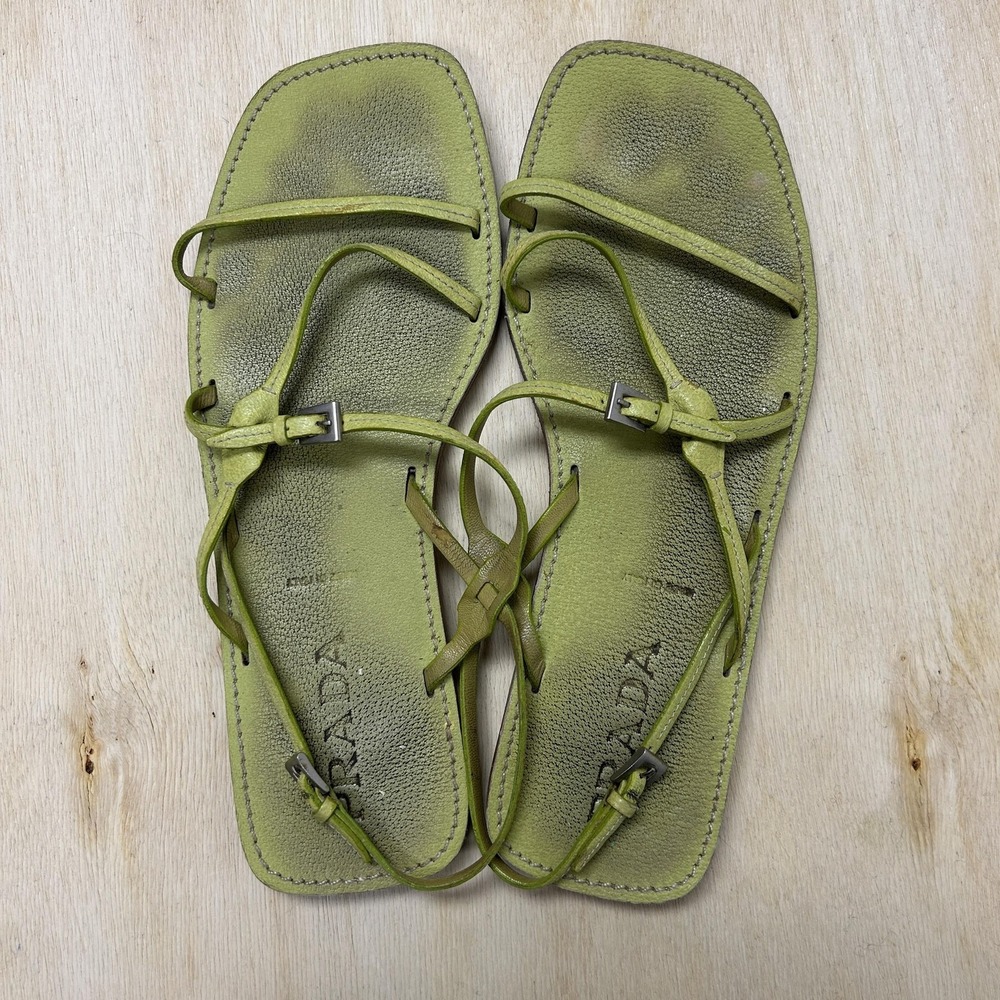 Prada Sandals Womens Size 40 Green Leather Strappy Flat Square Toe Ankle